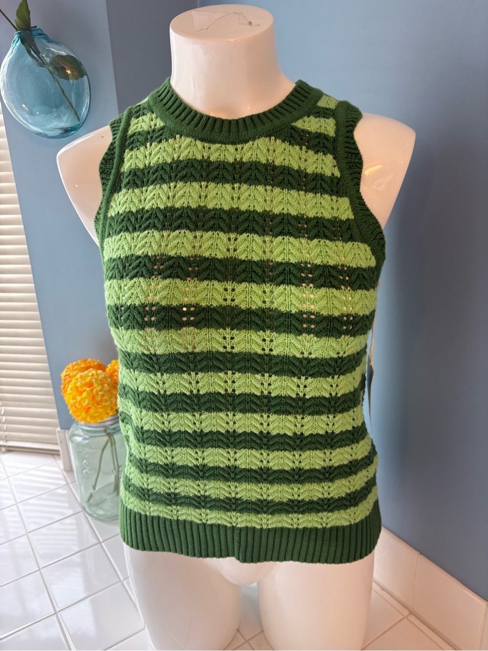 NWT Free Assembly Women's Crochet Cotton Racerback Tank Top green stripe Medium
